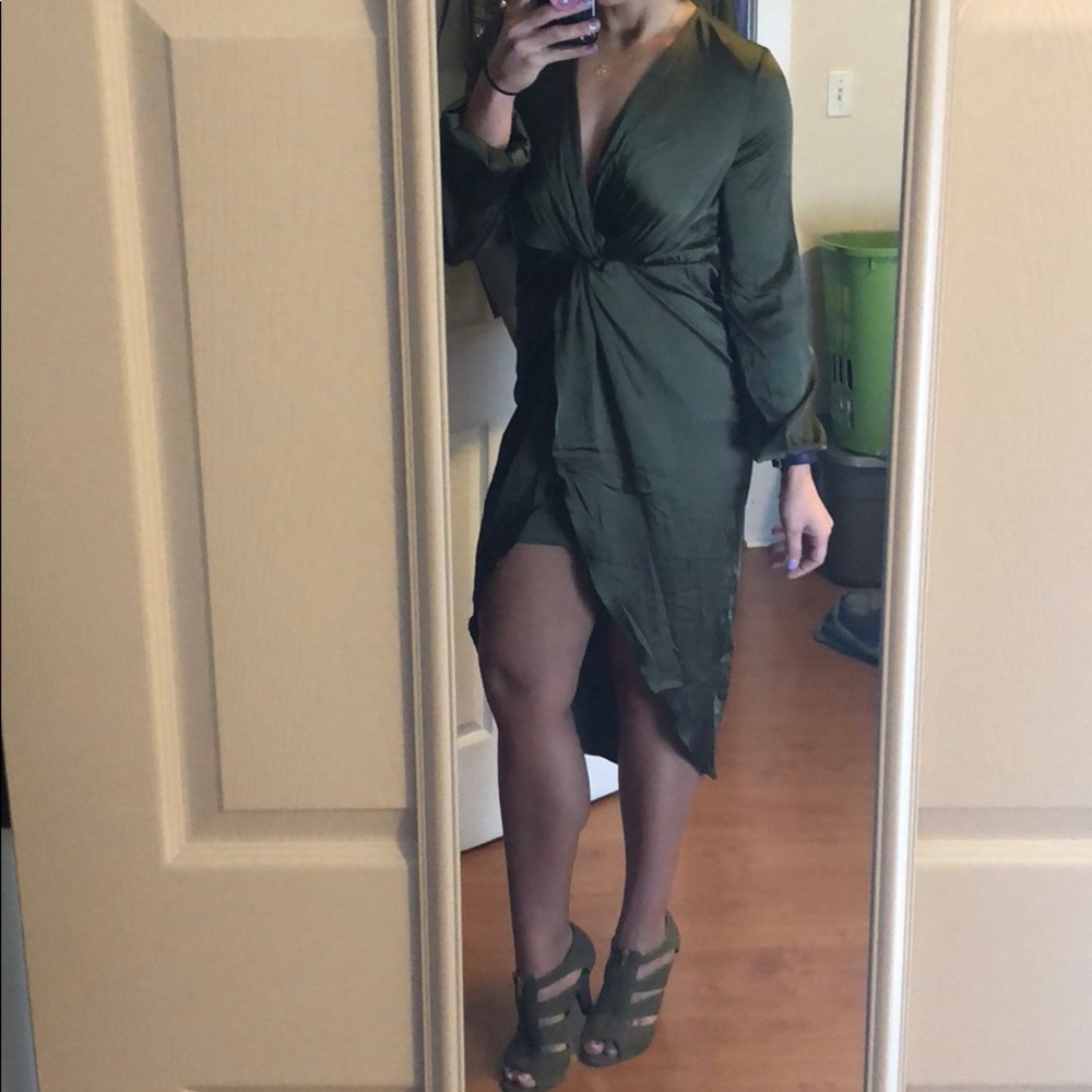 Satin Army Green Midi Dress